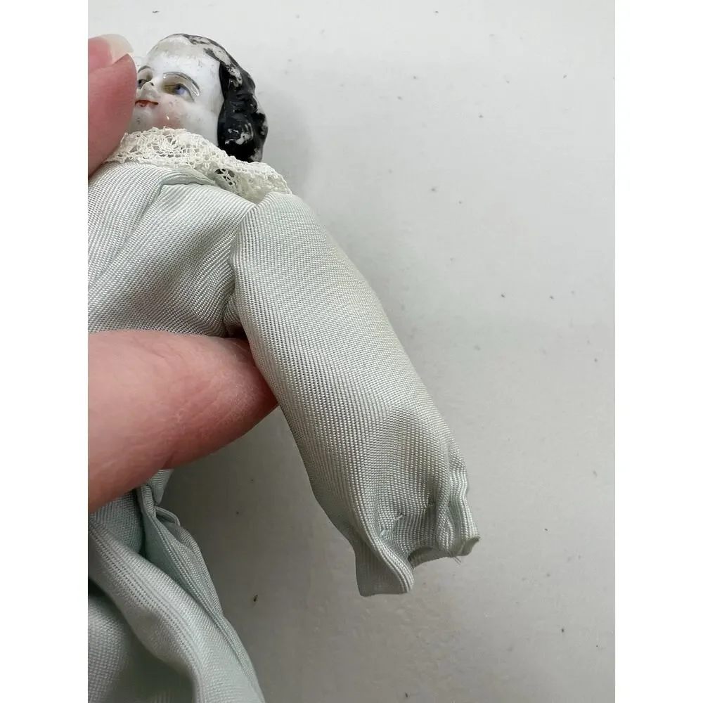 Antique Porcelain Head German China Doll Cloth Body Blue Dress
